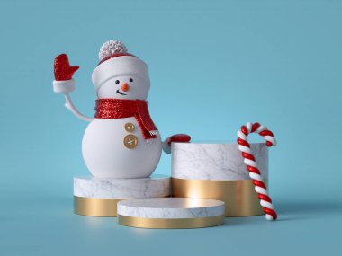 Üç boyutlu Noel arkaplanı. Şeker kamışlarıyla süslenmiş mermer kaidede duran kardan adam. Boş bir podyum, boş bir alan. Silindir platform basamakları. Ürün gösterisi modeli..