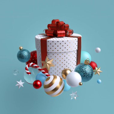 3D Noel hediyesi, kırmızı yay, cam toplar, şeker kamışı, kristal ve altın yıldızlarla sarılı beyaz silindir kutu. Mavi arka planda izole edilmiş kış tatili klibi sanatı