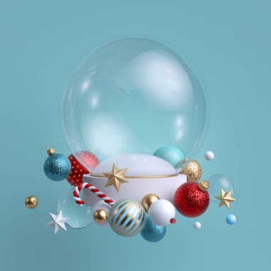 Üç boyutlu Noel arkaplanı. Şenlikli süslemelerle süslenmiş cam top. Boş bir model. Cam toplar, kristal yıldızlar, şeker kamışı.