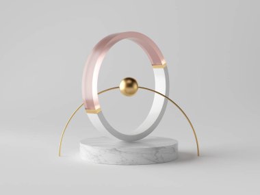 3D soyut dekor, küçük altın top mermer podyumda dekoratif halka içinde, beyaz zemin üzerinde izole, pembe cam, temiz minimalist tasarım, sofistike modern nesne