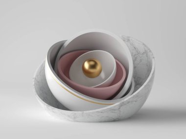 3D soyut, minimal modern arkaplan, mermer yarımküre kabuğunda saklı altın çekirdek top, izole nesneler, çanak yığını, basit, temiz tasarım, zarif dekor