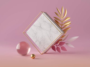 3D çizim, beyaz mermer eşkenar dörtgen şekil, boş kare pankart modeli, pembe arka planda izole edilmiş basit geometrik nesneler, soyut lüks konsept, cam altın top, kağıt palmiye yaprakları