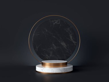 Siyah zemin üzerinde izole beyaz mermer kaidesi, yuvarlak altın çerçeve, anıt tahtası, silindir basamaklar, soyut minimum konsept, boş alan, temiz tasarım, lüks minimalist modelleme