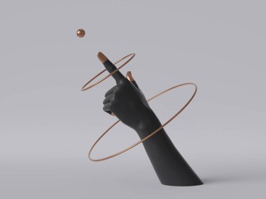 3D çizim, siyah dekoratif kadın mankeni beyaz arka planda izole edilmiş, parmak yukarı, dönen altın yüzükler, vücut parçası, moda konsepti, esrarengiz kadın mankeni, temiz minimal tasarım