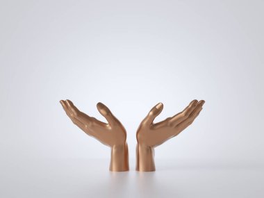 Beyaz arka planda izole edilmiş 3D altın eller, minimum konsept, moda gösterisi, tezgah, mücevher sergisi, basit temiz tasarım