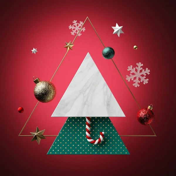 3 boyutlu görüntüleme. Soyut Noel arkaplanı. Boş üçgen pankart, boşluğu kopyala. Mermer desen, benekli desen. Şenlikli süsler, kar taneleri, şeker kamışı, top, kırmızıda izole edilmiş. Poster şablonu — Stok fotoğraf
