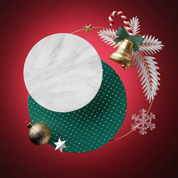 3d render. Abstract Christmas background. Blank round banner, copy space. Marble texture, polka dot pattern. Festive ornaments, golden bell, candy cane, balls decor, isolated on red. Poster template — Stok fotoğraf