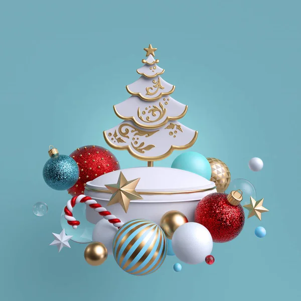 3d Christmas tree ornaments, isolated on blue background. Greeting card or poster. Winter holiday decor: festive glass balls, golden stars, candy cane, snowballs. Composition of levitating objects — Stockfoto