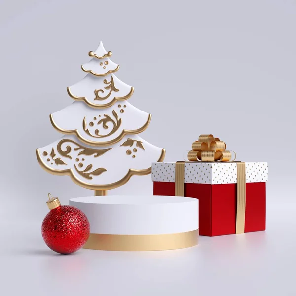 Arbre de Noël 3d, podium ou piédestal vide, boule de verre rouge, boîte cadeau isolée sur fond blanc. Espace de copie. Plateforme de cylindre. Modèle d'affichage du produit. Modélisation commerciale avec décor saisonnier . — Photo