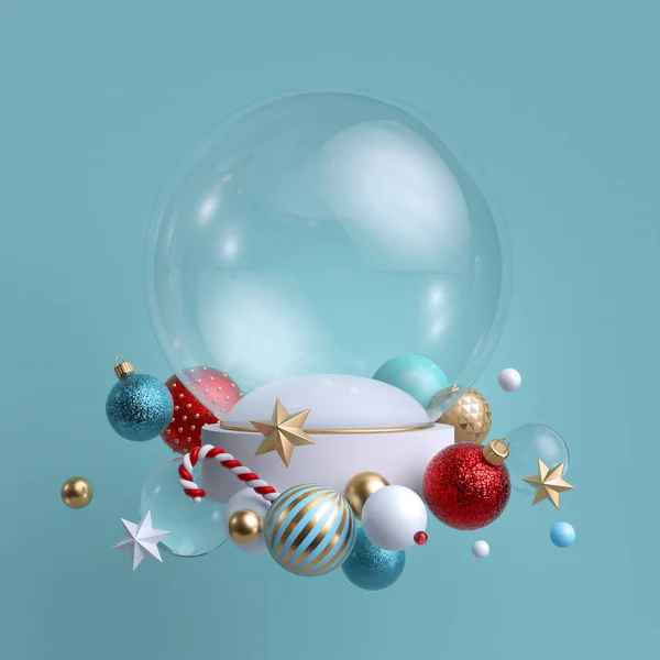 3d Christmas background. Glass ball decorated with festive ornaments. Blank mockup. Glass balls, crystal stars, candy cane. — Stock Photo, Image