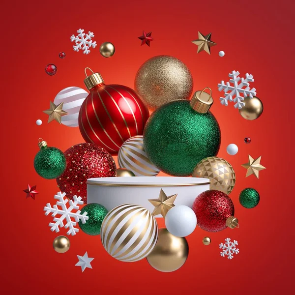 Kerst ornamenten geïsoleerd op rode achtergrond. 3D-weergave van groene ballen, gouden sterren, witte sneeuwvlokken. Rond wit podium, lege sokkel, lege ruimte. Cilinderplatform. Commerciële poster mockup. — Stockfoto