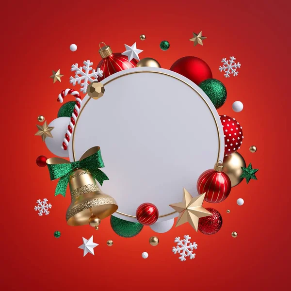 3d Christmas round wreath isolated on red background. Golden bell with green bow. Blank frame, white banner, xmas ornaments, glass balls, snowflakes, stars and candy cane. Seasonal festive clip art