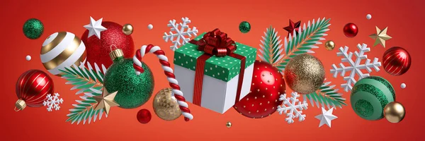 Kerst rode achtergrond Kerst rode achtergrond, feestelijke horizontale rand. Een vierkante geschenkdoos. Diverse ornamenten, groene gouden glazen ballen, sterren, sneeuwvlokken, dennenbomen twijgen, suikerriet. Wintervakantie clip art. d, feestelijke horizontale rand. Vierkante gift — Stockfoto
