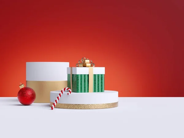 3d Mockup pubblicitario di Natale. Concetto di vendita. Confezione regalo, bastoncino di zucchero, palla rossa ornamento, sfondo rosso, pavimento bianco. Spazio vuoto . — Foto Stock