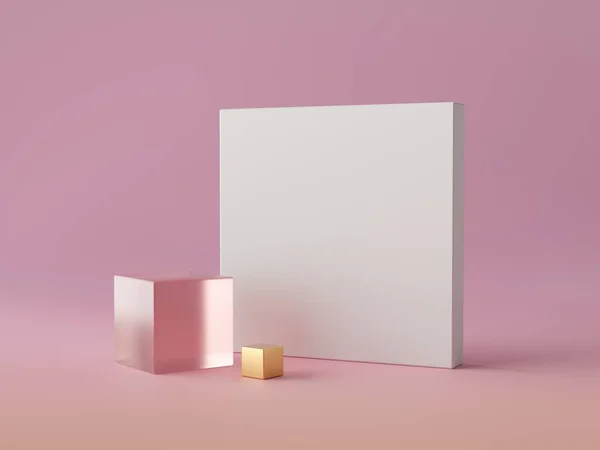 3次元抽象的な現代の最小限の背景、ピンクに隔離された白い正方形のキャンバス、クリスタルガラスブロック、黄金のキューブ、立方装飾、ファッションミニマリズムシーン、シンプルなクリーンデザイン、空白の女性的なモックアップ — ストック写真