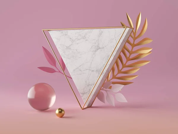 3d renderowanie, biały marmur kształt trójkąta, puste trójkątny baner makieta, proste obiekty geometryczne izolowane na różowym tle, abstrakcyjny luksusowy pomysł, złota kula, kula szklana, papierowe liście palmowe — Zdjęcie stockowe