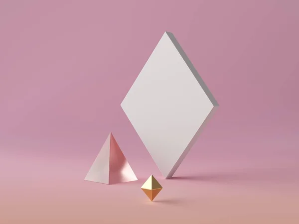 3d abstrato moderno fundo mínimo, lona losango branco isolado em rosa, formas poligonais de cristal dourado, pirâmide de vidro, cena minimalista de moda, design limpo simples, mockup feminino em branco — Fotografia de Stock