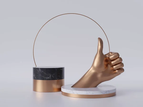 3d render, gouden hand duim omhoog, zoals gebaar, zwart marmeren sokkel geïsoleerd op witte achtergrond, beste kwaliteit concept, gouden ronde frame, blanco cilinder podium, eenvoudig ontwerp, luxe minimale mockup — Stockfoto