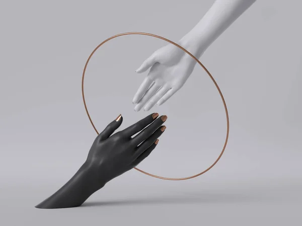 3d визуализации, черно-белые руки женщины изолированы, минимальный фон моды, помогая руки внутри круглые рамки, золотое кольцо, части тела манекена, феминистка, концепция партнерства, чистый минимальный дизайн — стоковое фото
