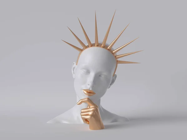 3D provedení, bílá figurína žena hlava izolované na bílém pozadí, zlatá ruka, královna nosí zlatou korunu, módní koncept, obchod displej, ženské části těla, čistý minimální design — Stock fotografie