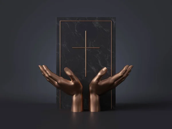 3d render, golden mannequin hands isolated on black background, black marble board, gravestone, golden catholic cross, religious book, spiritual concept, luxury minimal mockup, simple clean design — Stock Photo, Image