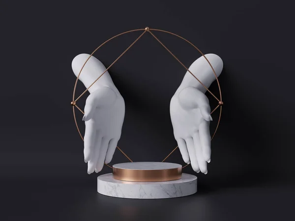 3d renderen, witte vrouwelijke mannequin handen geïsoleerd op zwarte achtergrond, open palmen, mode concept, marmeren sokkel, winkel display, heilige geometrie, schone minimale ontwerp, lege ruimte, lichaamsdelen — Stockfoto