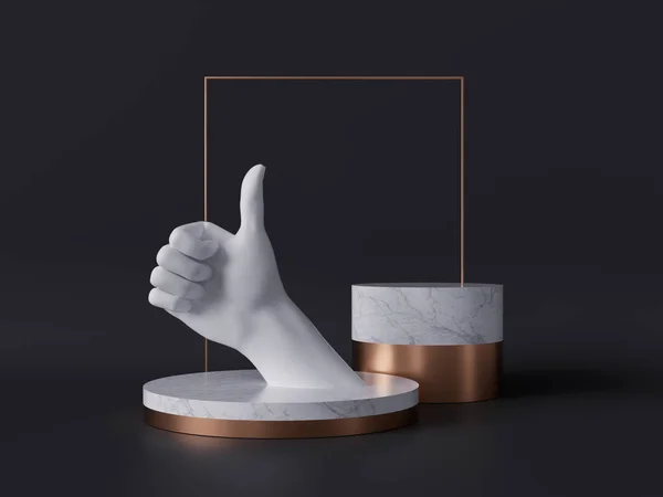 3d rendering van witte hand duim omhoog, zoals gebaar, marmeren sokkel geïsoleerd op zwarte achtergrond, goede kwaliteit concept, gouden vierkante frame, blanco cilinder podium, eenvoudig ontwerp, luxe minimale mockup — Stockfoto