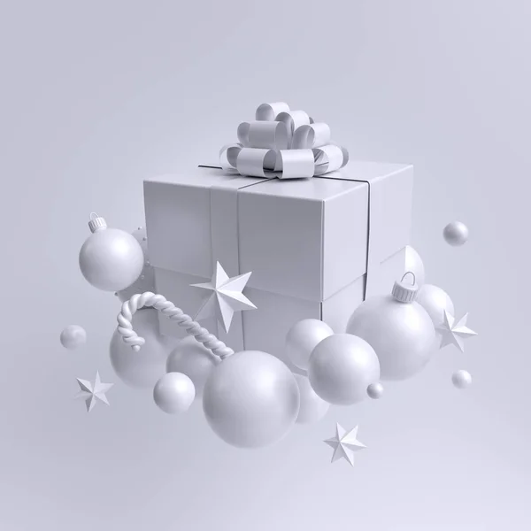 3d fundo de Natal branco, embrulhado caixa de presente quadrado decorado com ornamentos festivos. Bolas de neve, bengala, estrelas. Arranjo de objetos levitantes. Inverno férias clip arte isolado . — Fotografia de Stock