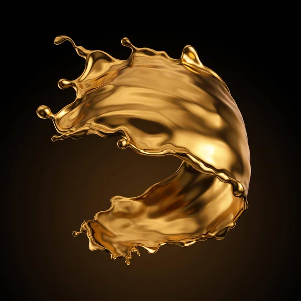 3d rendering, lucido spruzzi d'oro liquido, onda metallica, vortice, olio cosmetico, clip art spruzzi d'oro, pittura artistica, elemento di design astratto isolato su sfondo nero. concetto di bellezza di lusso — Foto Stock