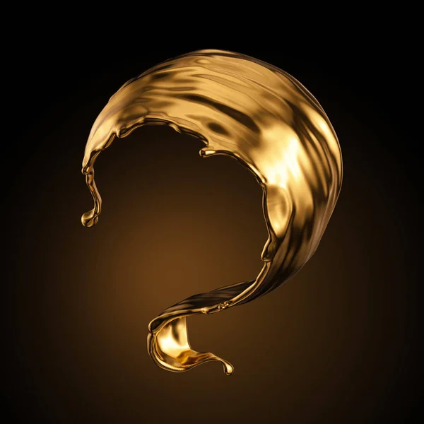 3d rendering, onda d'oro lucido, spruzzi di liquido, vortice metallico, olio cosmetico, clip art spruzzi d'oro, pittura artistica, elemento di design astratto isolato su sfondo nero. concetto di bellezza di lusso — Foto Stock