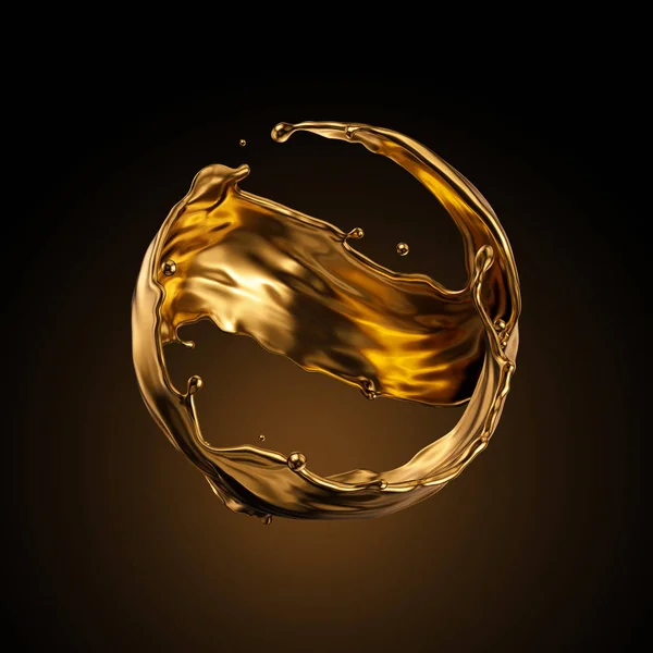 3D rendering, στρογγυλό χρυσό υγρό splash, μεταλλικό κύμα, στροβιλισμού, καλλυντικό έλαιο, χρυσό splashing clip art, καλλιτεχνική ζωγραφική, αφηρημένο στοιχείο σχεδιασμού απομονώνονται σε μαύρο φόντο. Έννοια ομορφιάς πολυτελείας — Φωτογραφία Αρχείου