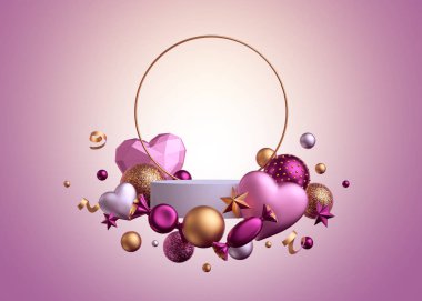 3 boyutlu görüntüleme. Sevgililer Günü şablonu pembe arka planda izole edilmiş. Yuvarlak altın çerçeve. Boş podyum, boş kaide, vitrin. Toplar, şekerler, şekerler, şekerler, çikolatalar, kalp balonları, yılanbalığı