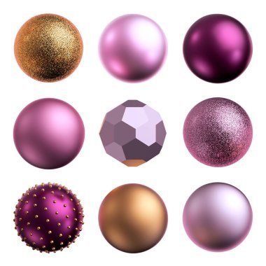 3D rendelenmiş, çeşitli metalik pembe altın toplar, beyaz arka planda izole nesneler. Yeni yıl cam topları, boncuklar, inciler. Tasarım elemanları ayarlandı. Festive clip sanat koleksiyonu.