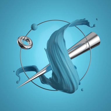 3 boyutlu görüntüleme. Soyut geometrik ilkeller, gümüş koni, top, torus, mavi sıçrama, boya sıçraması, mavi arka planda izole edilmiş. Modern minimal tasarım. Uçan nesneler, havada kalma kavramı. Dijital sanat