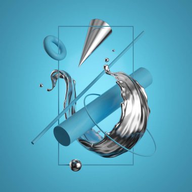 3D görüntüleme. Soyut geometrik ilkeller, sıvı metal, gümüş sıçrama, cıva sıçrama, mavi arka planda izole edilmiş. Modern minimal tasarım. Uçan nesneler, havada kalma kavramı. Dijital sanat