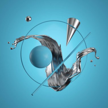 3D görüntüleme. Soyut geometrik ilkeller, sıvı metal, gümüş sıçrama, cıva sıçrama, mavi arka planda izole edilmiş. Modern minimal tasarım. Uçan nesneler, havada kalma kavramı. Dijital sanat