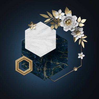 Modern minimal 3D görüntüleme. Soyut çiçek arkaplanı. Mermer altıgen tahta, beyaz ve altın renkli kağıt çiçekler. Boş pankart, tebrik kartı maketi. Geometrik şekiller ve botanik düzenleme