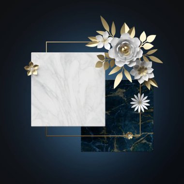 Soyut çiçek arkaplanı. Modern minimal 3D görüntüleme. Mermer kare tahta, beyaz ve altın renkli kağıt çiçekler, kopyalama alanı. Boş pankart, tebrik kartı maketi. Geometrik şekiller ve botanik düzenleme.