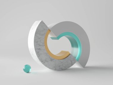 3D soyut minimal modern arkaplan, mermer silindir blokları, altın element, mavi şeffaf cam top, basit temiz tasarım, zarif dekor
