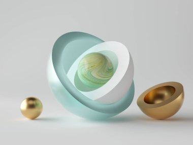 3D soyut, minimal modern arkaplan, cam kabuğun içindeki yeşil akik çekirdeği, altın yarımküre, altın top, izole nesneler, basit, temiz tasarım, zarif dekor