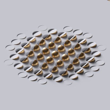 3D görüntüleme, altın yarıküre matrisi ve beyaz arkaplanda izole edilmiş toplar, soyut geometrik doku, modern minimalizm konsepti, basit temiz tasarım