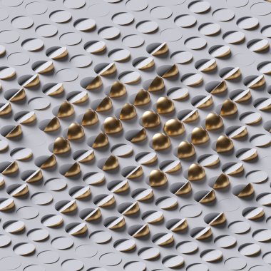 3D görüntüleme, altın hemisferler ve beyaz zemin üzerinde izole toplar, soyut geometrik doku, modern minimalizm konsepti, hücreler ve delikler, basit temiz tasarım