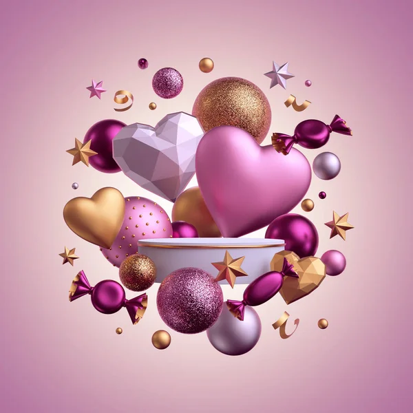 3D render. Plantilla de San Valentín aislada sobre fondo rosa. Podio en blanco, pantalla de producto vacía, pedestal, escaparate. Bolas, dulces, bombones, dulces, chocolates envueltos, globos del corazón, serpentina —  Fotos de Stock