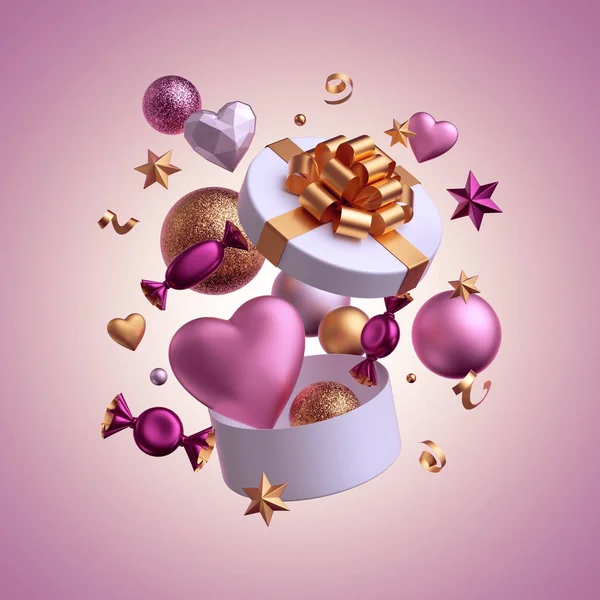 3D-återgivning. Partyföremål som flyger ut ur presentlådan. Levitera objekt isolerade på rosa bakgrund. Alla hjärtans dag eller födelsedagsinredning. Bollar, godis, bonbon, godis, choklad, hjärtballonger, serpentin — Stockfoto
