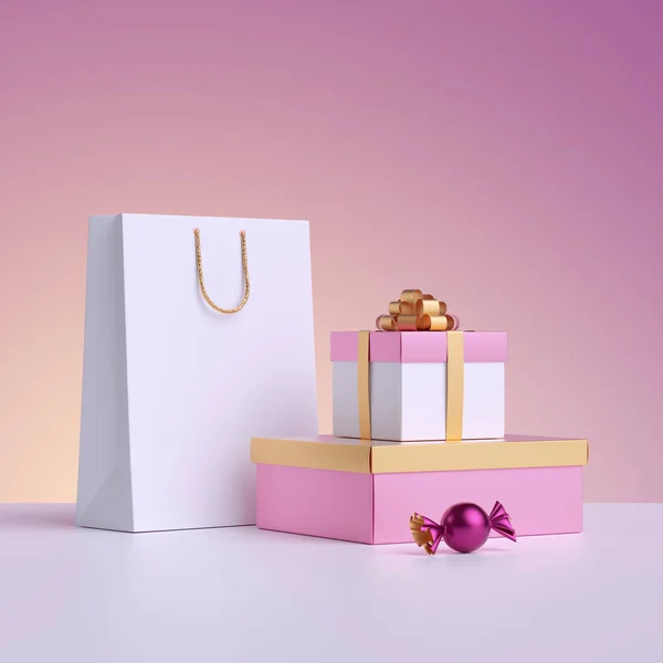 3d καθιστούν. Εμπορική ιδέα για ψώνια, μακιγιάρισμα αφίσας. Τσάντα αγορών, τυλιγμένο κουτί δώρου, καραμέλα απομονώνονται σε παστέλ ροζ φόντο. Προβολή προϊόντων για διαφήμιση. — Φωτογραφία Αρχείου