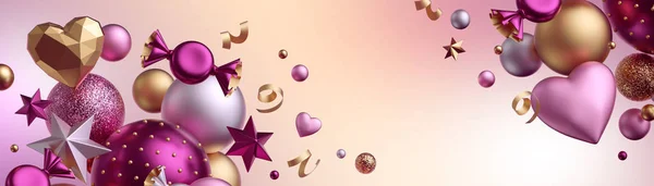 3d render. Valentine's day background, blank mockup, card template. Festive decor. Copy space. Wide web banner. Assorted balls, candy, bonbon, wrapped chocolate sweets, heart balloons, serpentine. — 스톡 사진