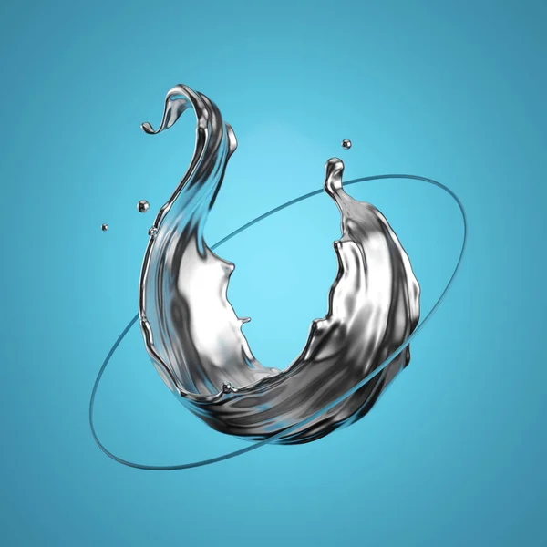 3d render. Abstract modern minimal design. Liquid metal, silver splash, quicksilver splashing, going through the ring, isolated on blue background. Flying objects, levitation concept. Digital art — 스톡 사진