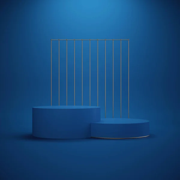 3d render. Minimal abstract background. Empty podium, vacant sports pedestal, blank mockup, cylinder steps, stage interior, showcase. Modern concept, copy space. Classic blue color of the year 2020 — 스톡 사진