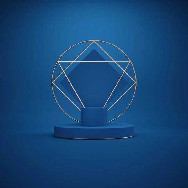 3D рендеринг, абстрактний геометричний фон. Порожній циліндр подіум, кругла стадія, вільний п'єдестал. Порожній простір, преміум мінімалістичний макет. Мінімальна концепція арт-деко. Класичний синій колір року 2020 — стокове фото