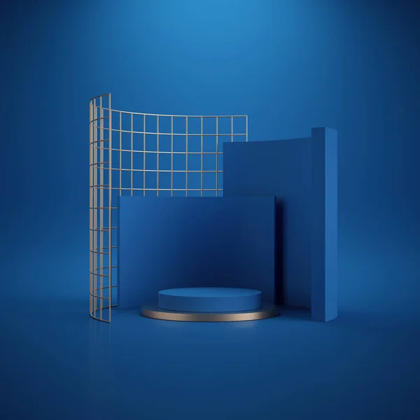 3D-weergave. Minimale abstracte achtergrond. Blanco model, lege muur, modepodium, lege sokkel, cilindertreden, podiuminterieur, etalage. Modern concept. Klassieke blauwe kleur van het jaar 2020 — Stockfoto